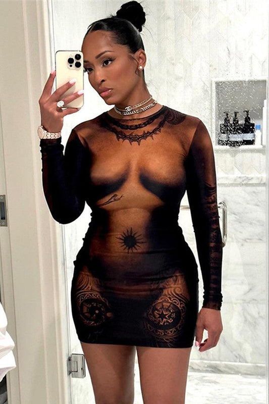 Brown Body Print Contour Long Sleeves Fitted Dress