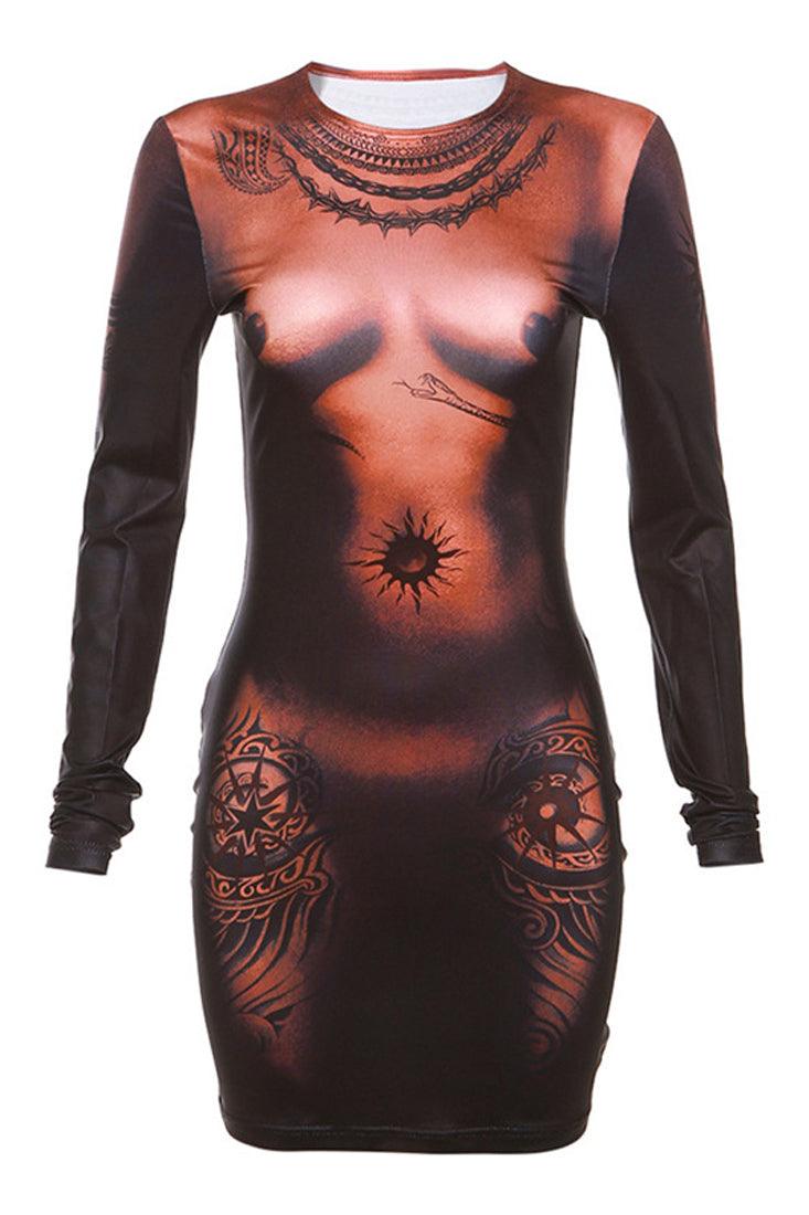 Brown Body Print Contour Long Sleeves Fitted Dress