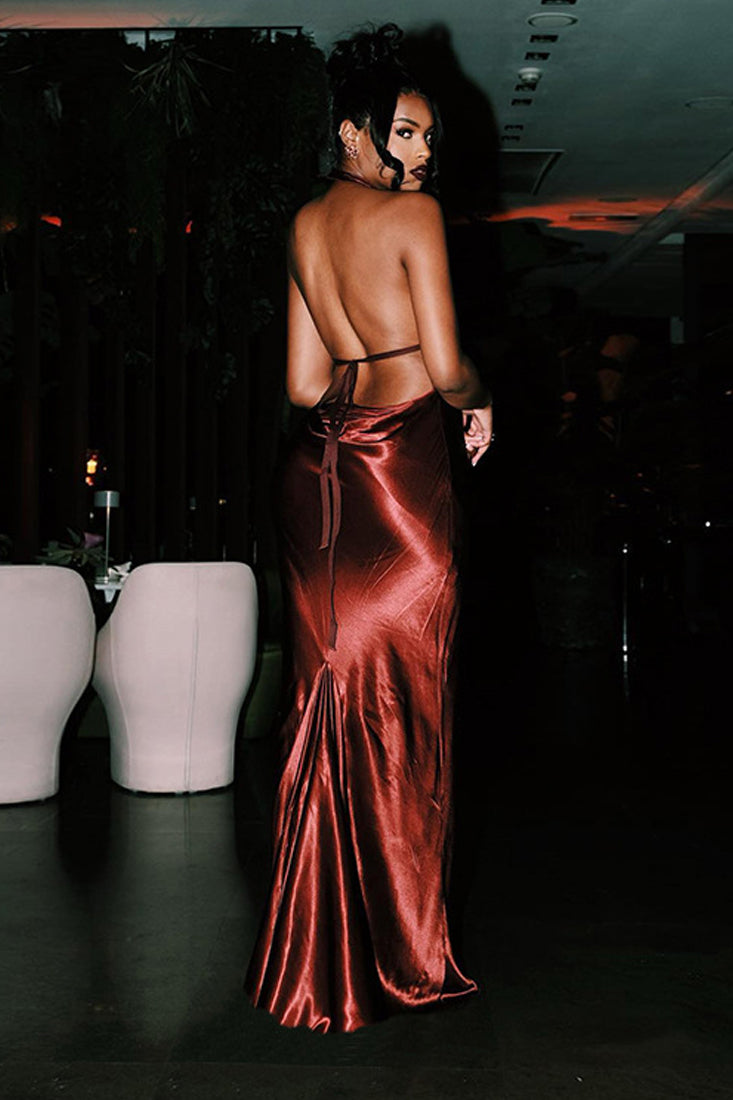 Wine Satin Halter Backless Gathered Train Sexy Full Length Maxi Party Dress