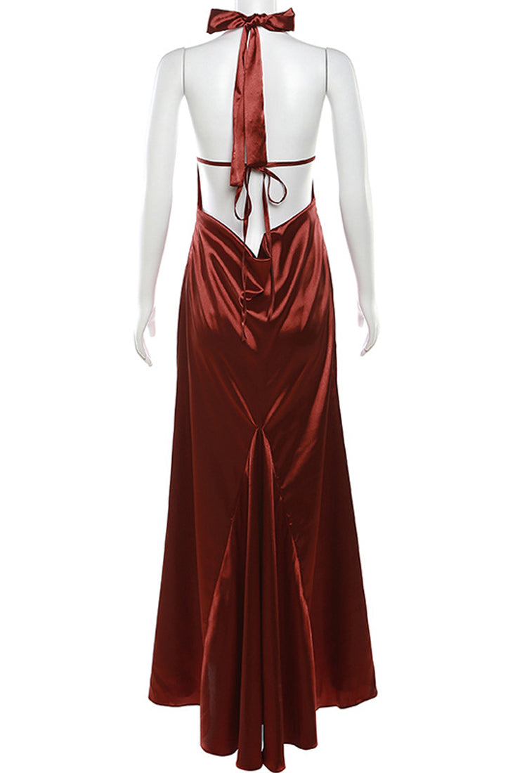 Wine Satin Halter Backless Gathered Train Sexy Full Length Maxi Party Dress