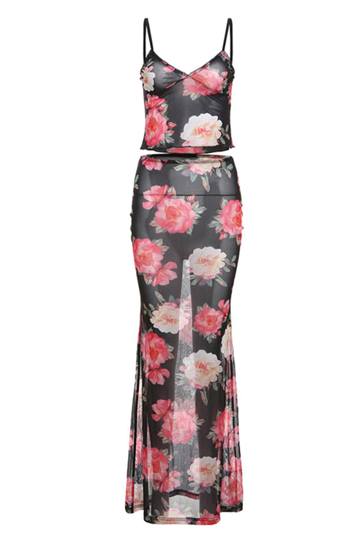 Black Floral Print Mesh Cami Maxi Skirt Sexy 2Pc Dress Set