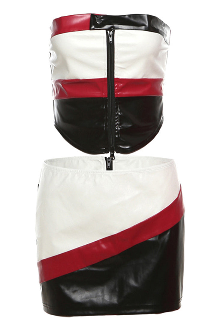 White Red Black Faux Leather Zipper Strapless Top Skirt 2Pc Dress Outfit