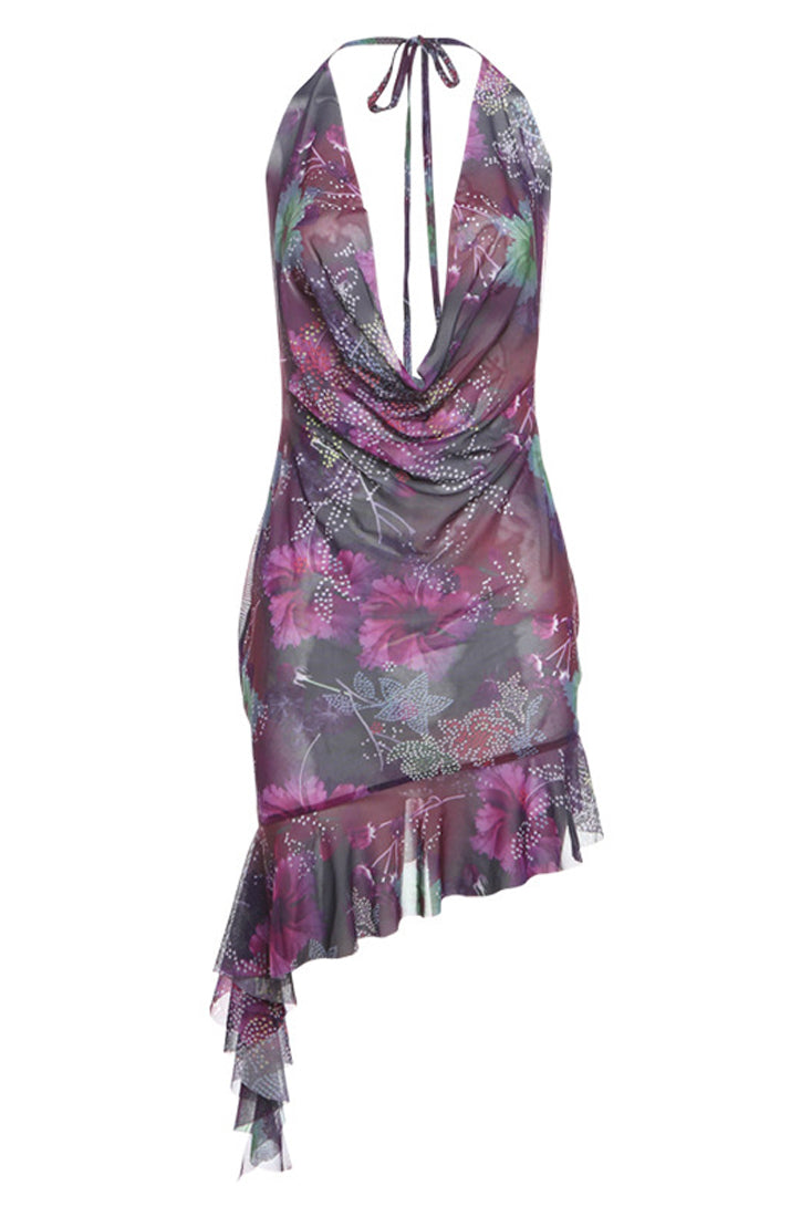 Purple Mesh Printed Halter Asymmetrical Ruffle Sexy Dress