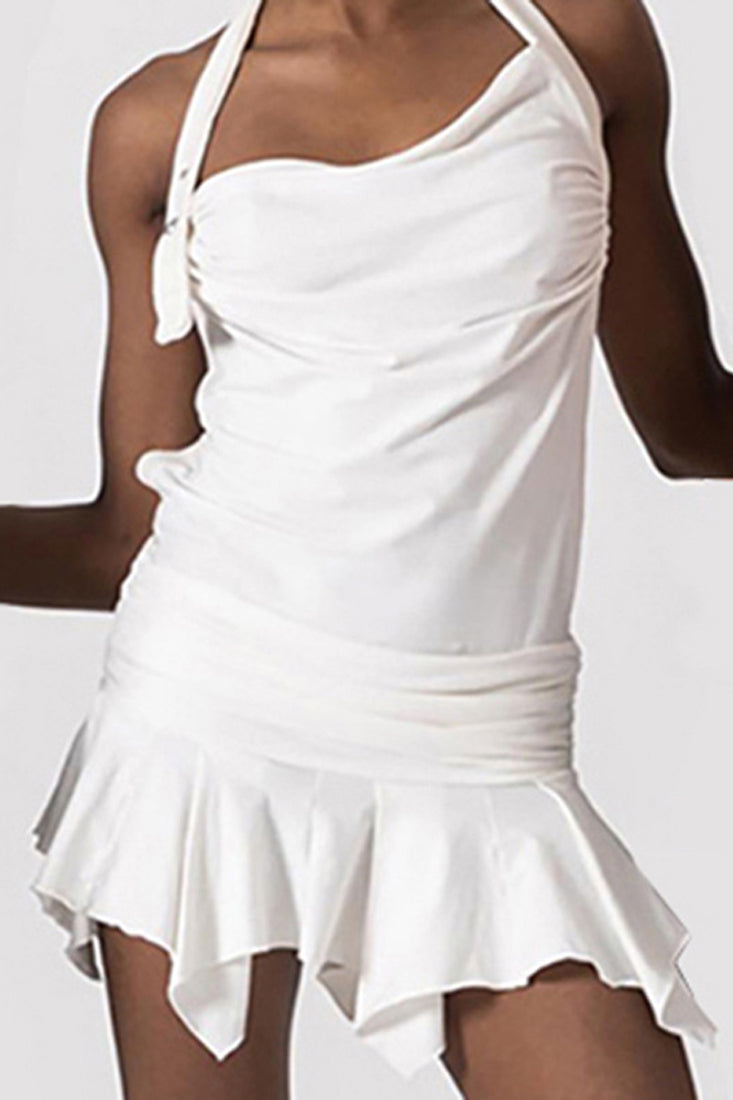 White Halter Buttons Ruched Sexy Fitted Party Dress