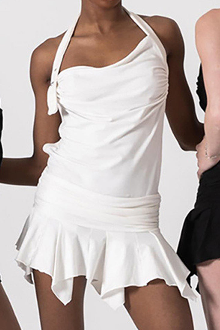 White Halter Buttons Ruched Sexy Fitted Party Dress