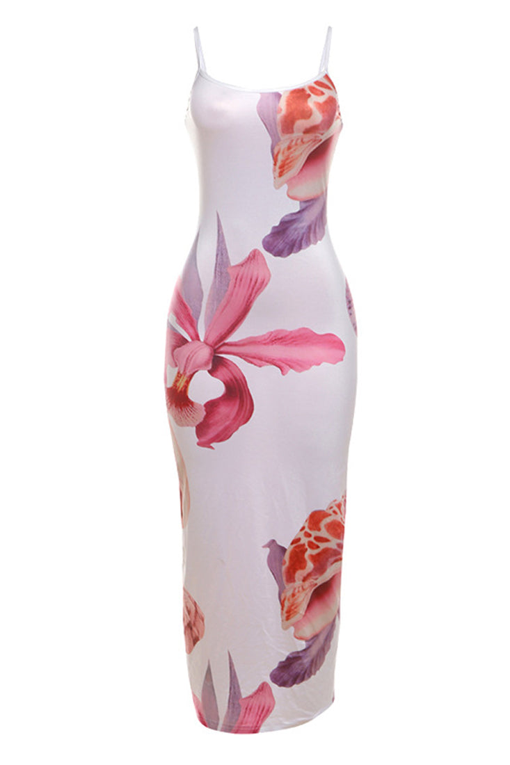 White Tropical Floral Silk Sleeveless Sexy Maxi Vacation Dress