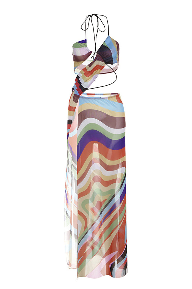 Multi Printed Mesh String Cut-Out Slit Sexy Maxi Dress