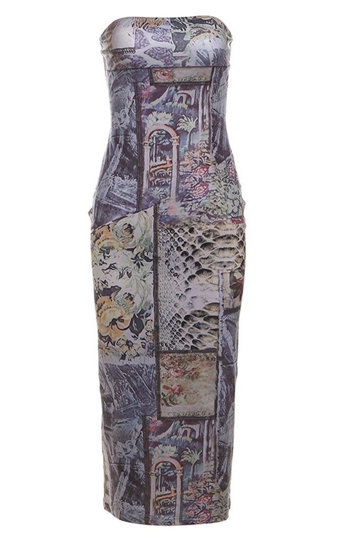 Vintage Printed Sexy Strapless Fitted Midi Dress