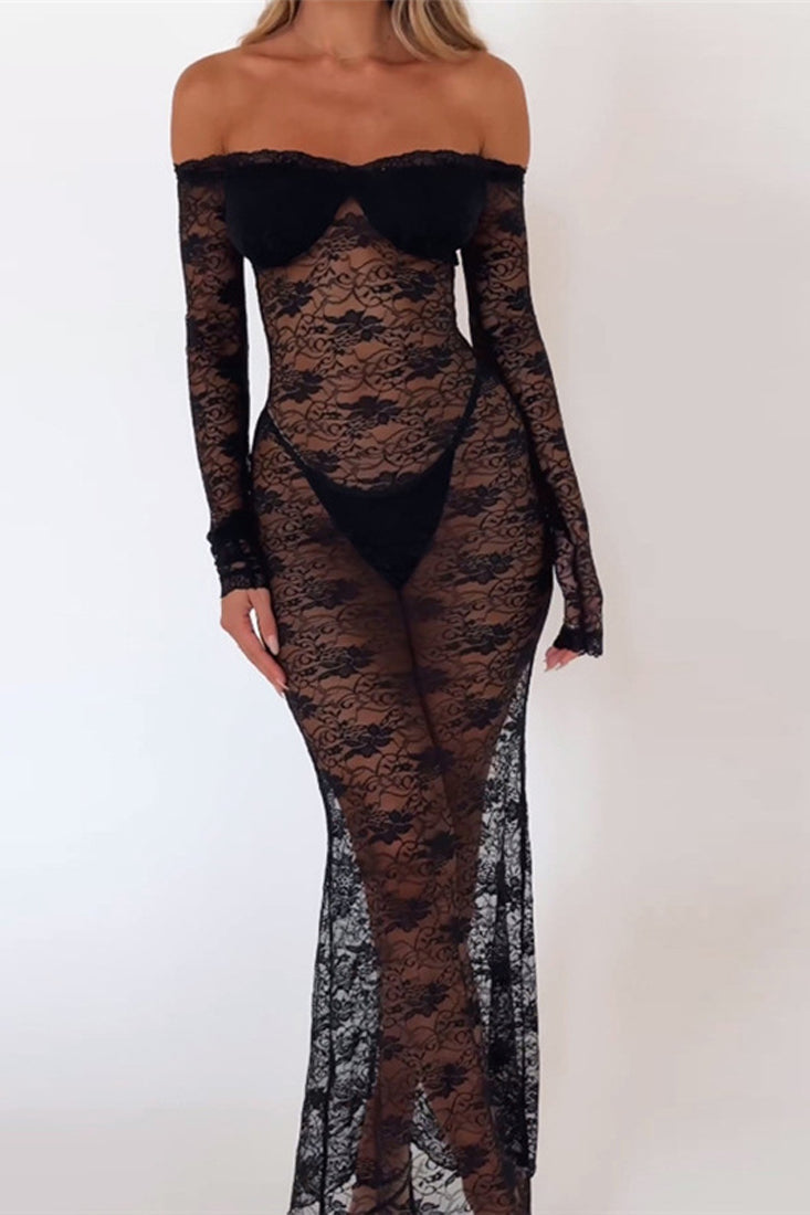 Black Lace Off The Shoulder Long Sleeve Sexy Fitted Stretchy Maxi Dress