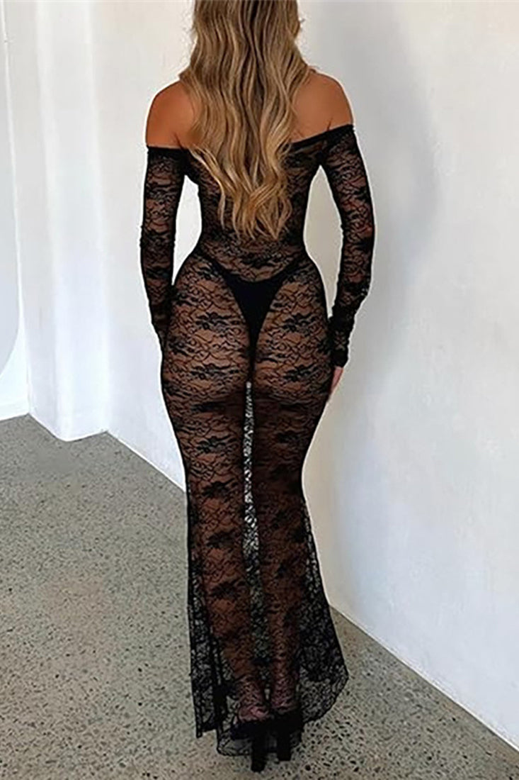 Black Lace Off The Shoulder Long Sleeve Sexy Fitted Stretchy Maxi Dress