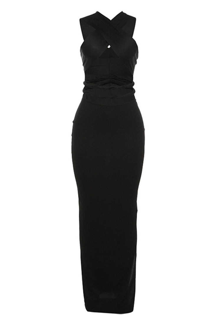 Black Wrap Strappy Criss Cross Sexy Full Length Maxi Party Dress