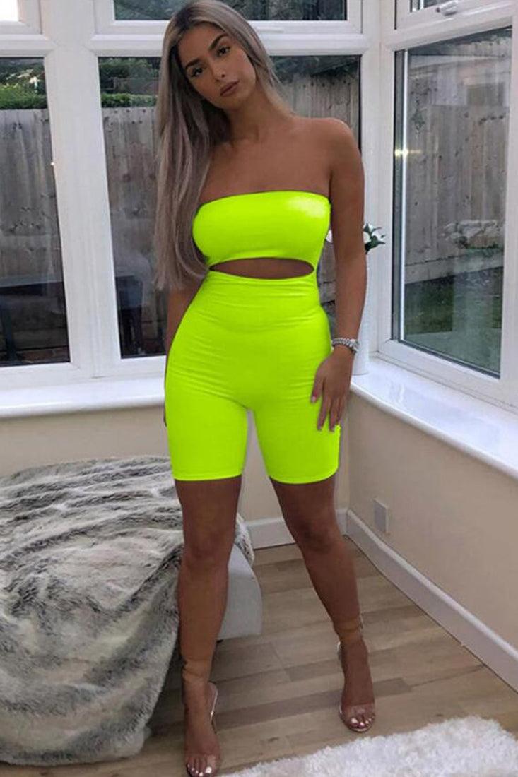 Lime Green Strapless Cut-Out Biker Sexy Stretchy Fitted Romper