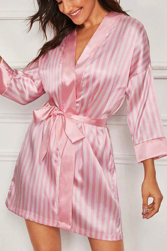 Pink Stripes Satin 2Pc Robe Sexy Lingerie Set