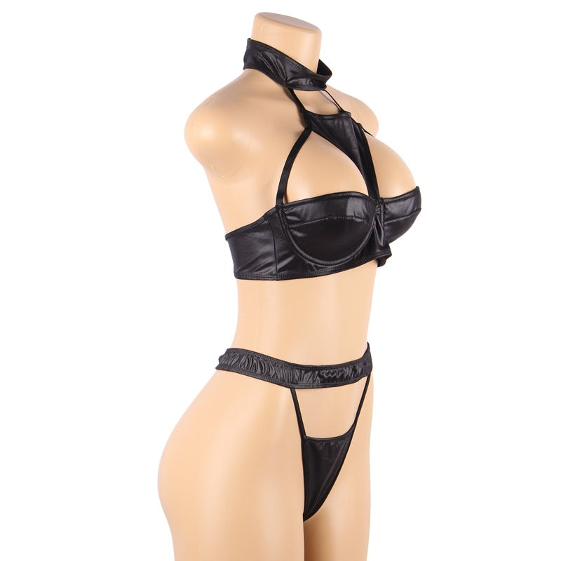 Plus Size Faux Leather Three Point Bra Set seductive Uniform