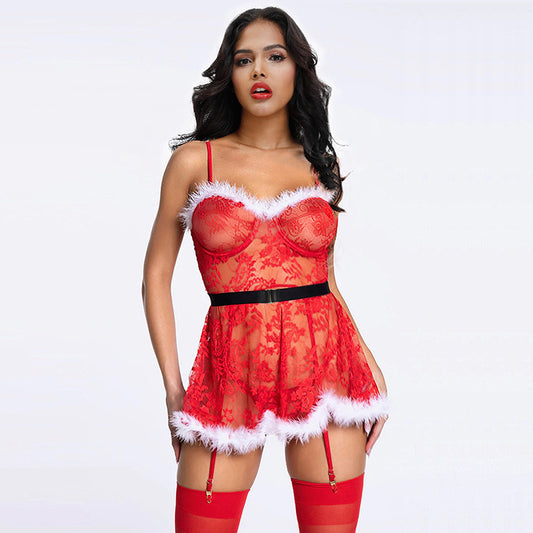 Plus Size Red Lace Garter Set Christmas Nightdress