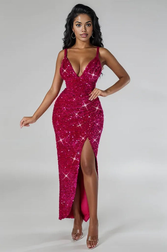 Hot Pink Sequin  V-Neck High Slit Sexy Party Dress