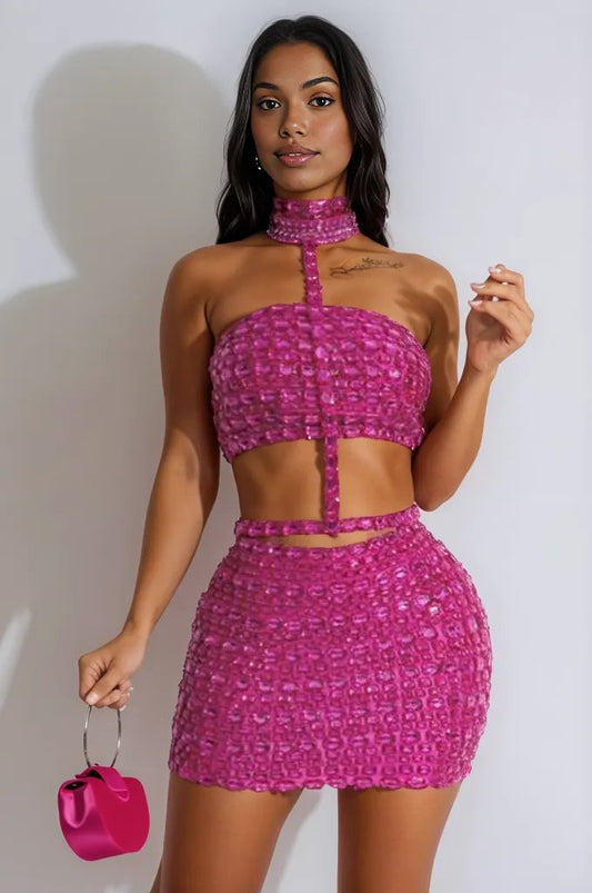 Hot Pink Big Rhinestone Gem Suede Metallic Sexy 3Pc Dress Outfit