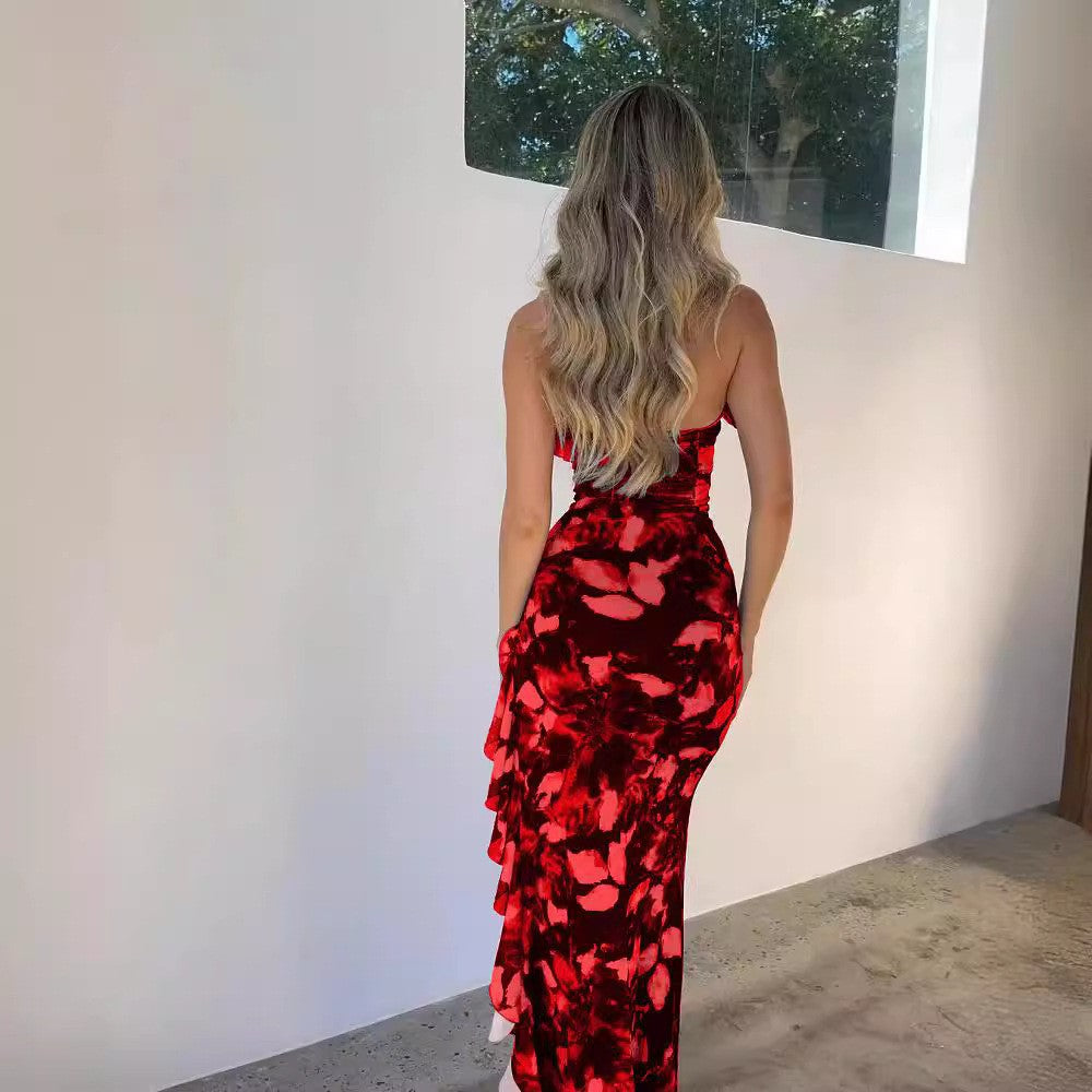 Red Printed Lace-Up Ruffle Asymmetrical Sexy Maxi Dress