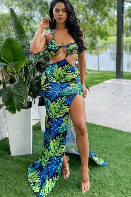 Green Tropical Flower One Shoulder Cut-Out High Slit Ruched Butt Sexy Maxi Dress