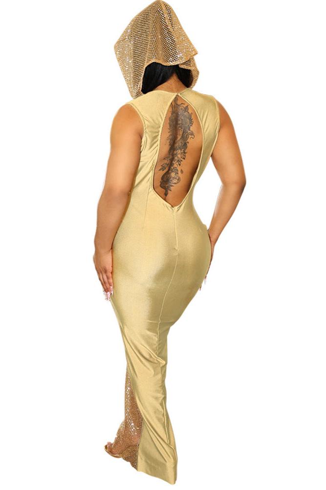 Gold Sequin Hooded Deep Plunging Neck Open back Sexy Full Length Party Dress