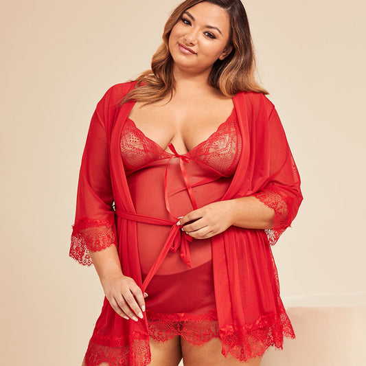 Plus Size Red Lace Transparent Pajamas Nightdress Set