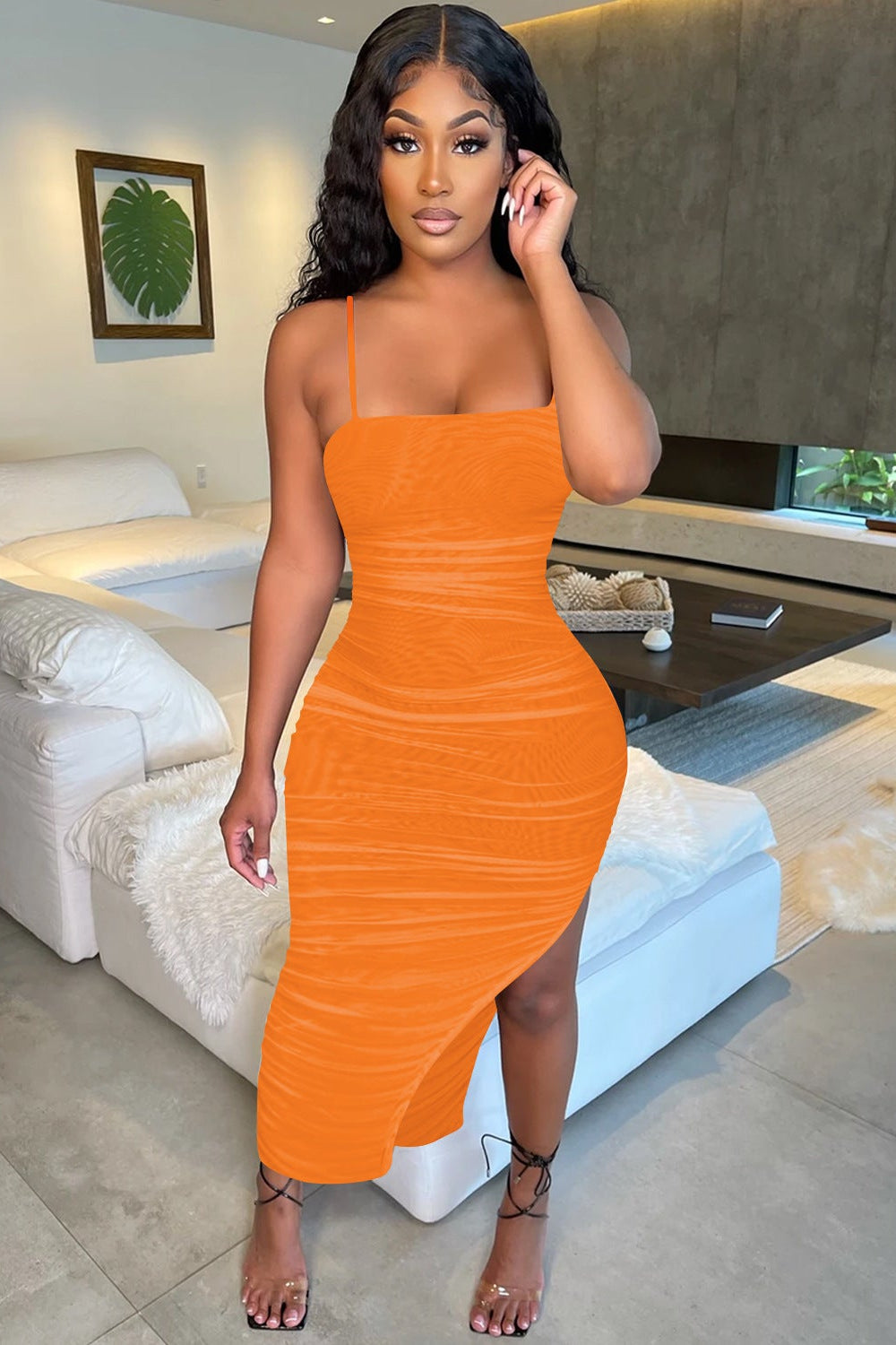 Orange Mesh Ruched Sleeveless Side Slit Sexy Fitted Long Dress