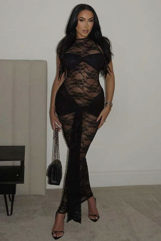 Black Lace Wrap Sexy Maxi Mermaid Party Dress