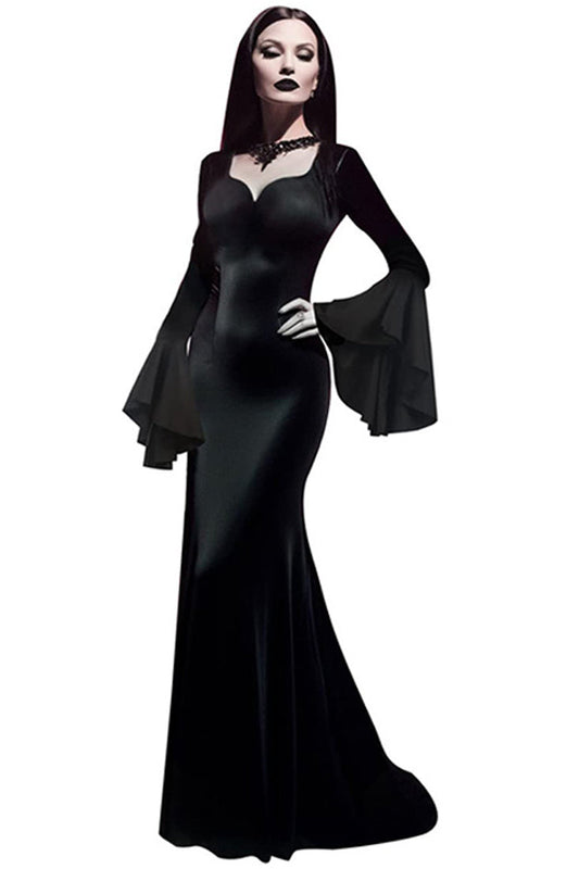 Black Long Sleeves Plunging V Neck Maxi Sexy Mortticia Costume