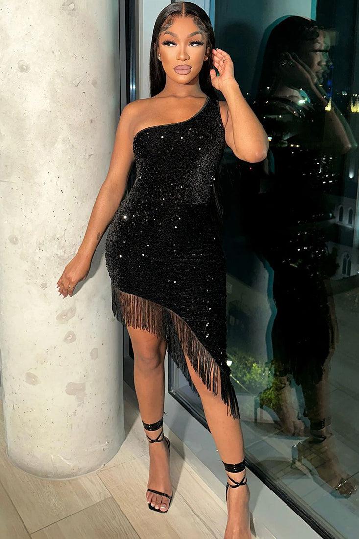 Black One Shoulder Sequin Fringe Long Holiday Party Dress