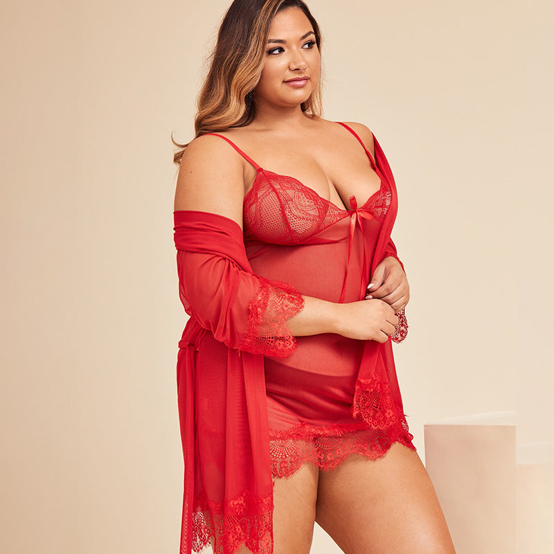 Plus Size Red Lace Transparent Pajamas Nightdress Set