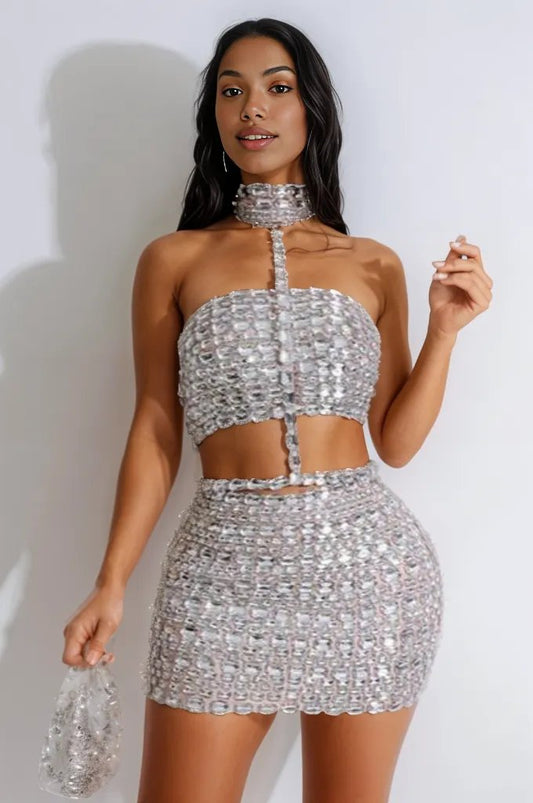 Silver Big Rhinestone Gem Suede Metallic Sexy 3Pc Dress Outfit