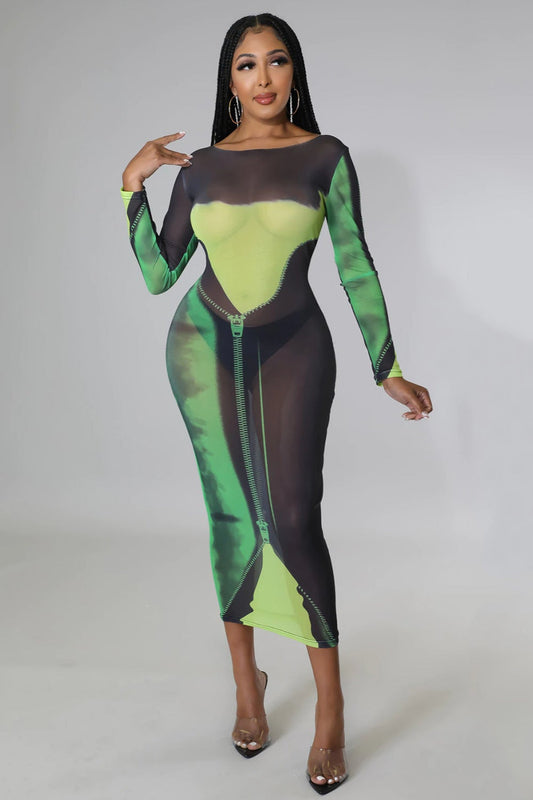 Green Black Mesh Zipper Print Sexy Fitted Midi Dress