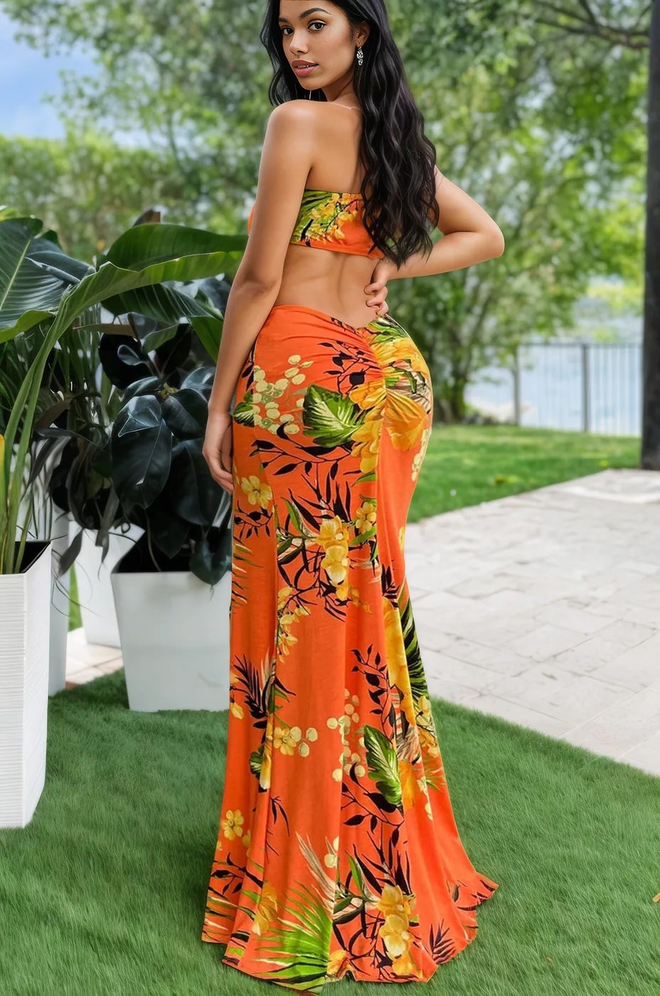 Orange Tropical Flower One Shoulder Cut-Out High Slit Ruched Butt Sexy Maxi Dress