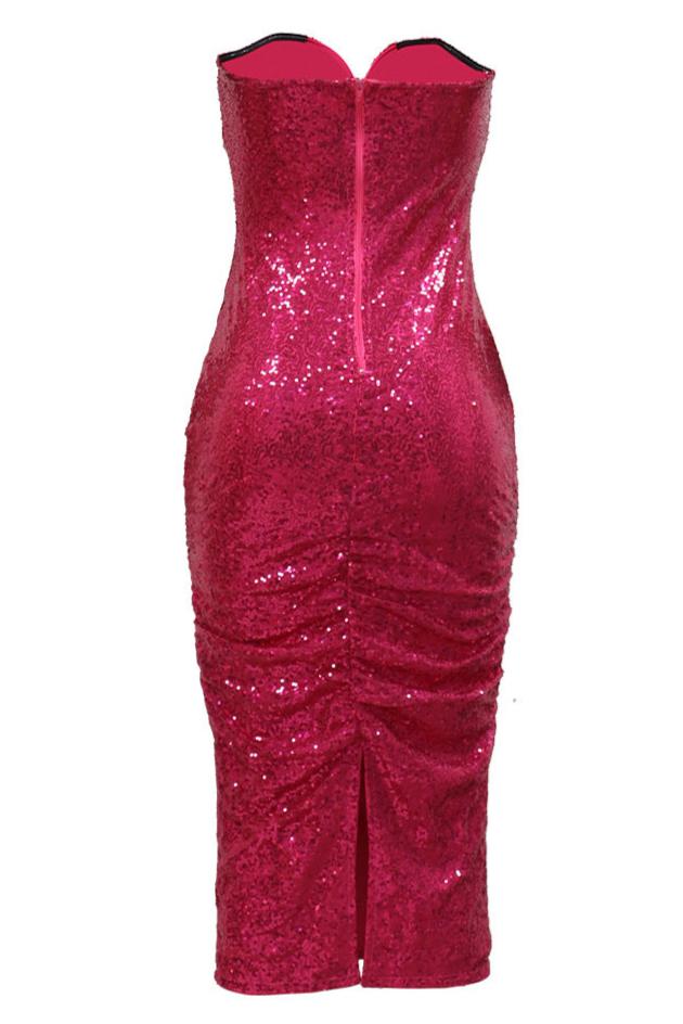 Hot Pink Sequin U-Wired Plunging Strapless Full Length Party Dress