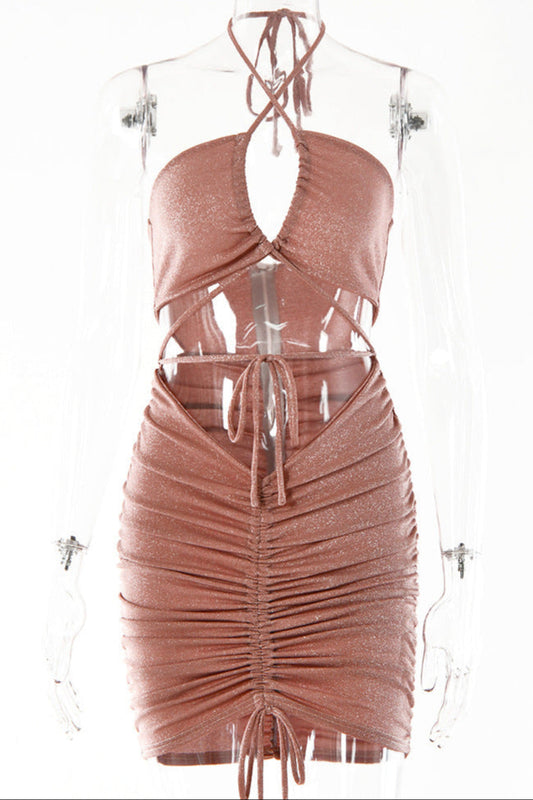 Pink Shimmer Sparkly Strappy Cut-Out Sexy Fitted Party Dress