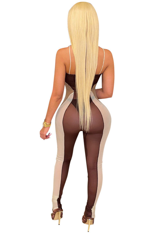 Brown Color Block Mesh Lace-Up Sexy Fitted Jumpsuit