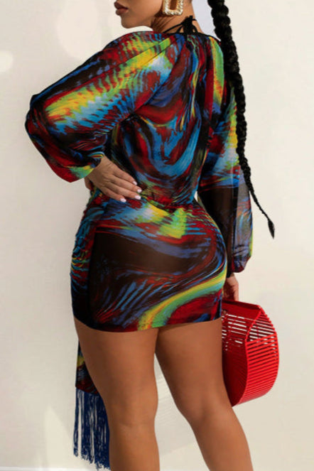 Blue Printed Triangle Top Thong Cover-Up Dress 3Pc Fringe Outfit