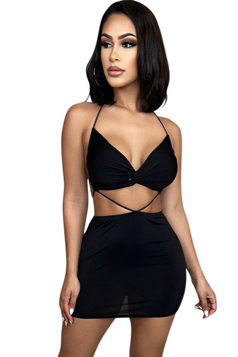 Black Strappy String 2Pc Sexy Fitted Dress Outfit