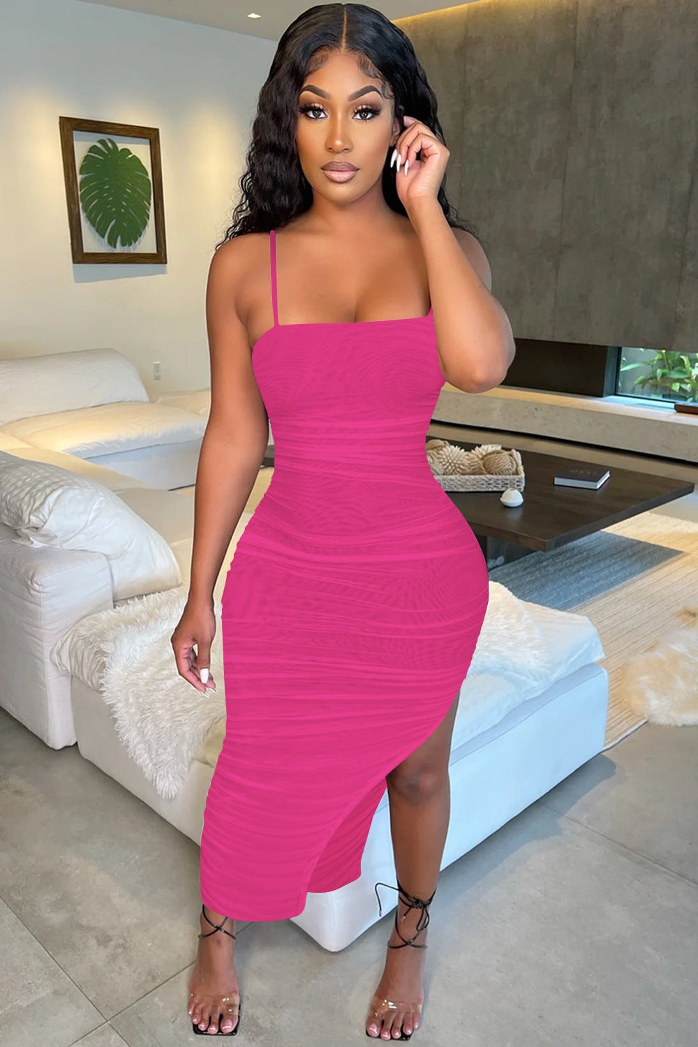 Pink Mesh Ruched Sleeveless Side Slit Sexy Fitted Long Dress