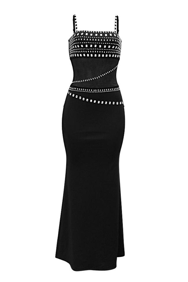 Black Big Rhinestones Gem Mesh Sexy Fitted Mermaid Maxi Party Dress