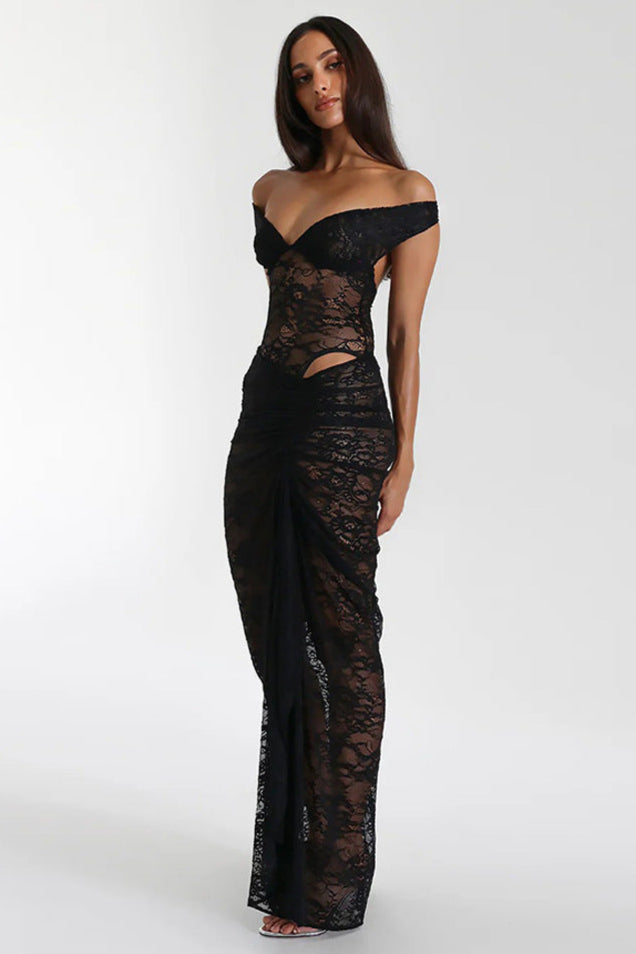 Black Lace Off Shoulder Bodysuit Maxi Skirt 2Pc Dress Set Outfit