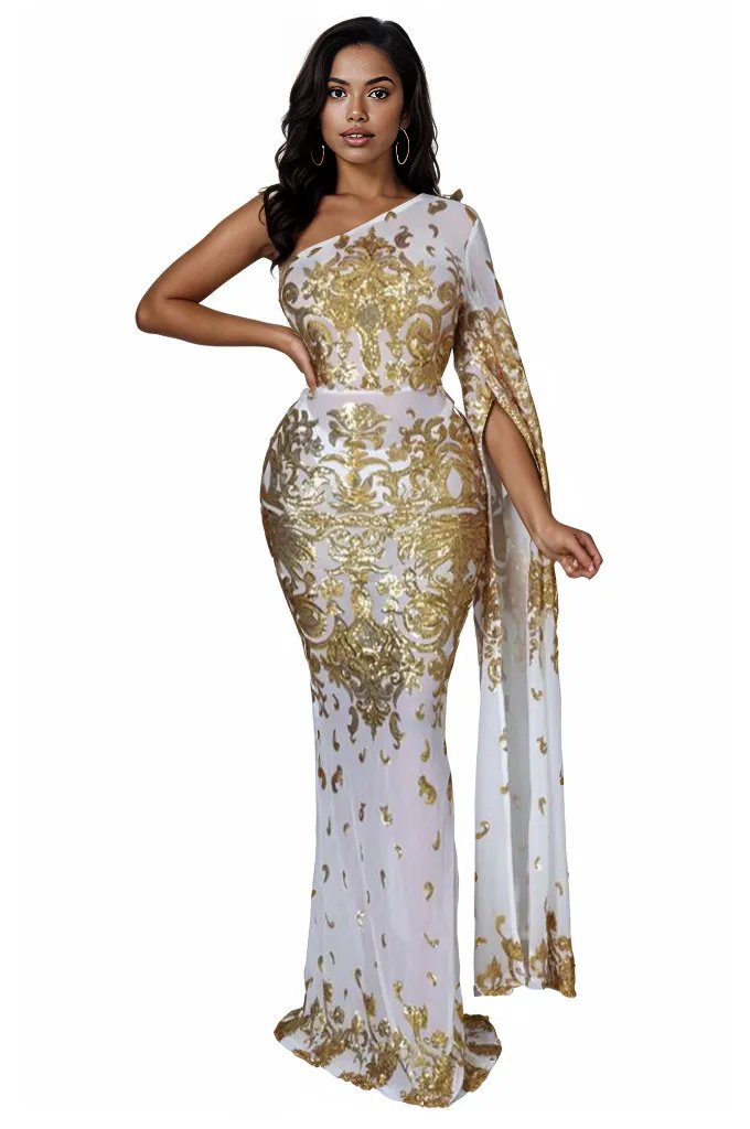 White Gold One Sleeve Mesh Full Length Mermaid Party Dress