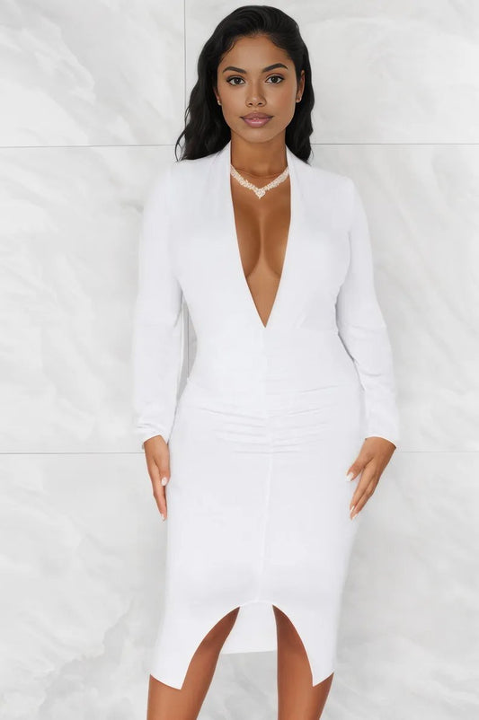 White Long Sleeve Plunging V Ruched Fitted Sexy Midi Dress