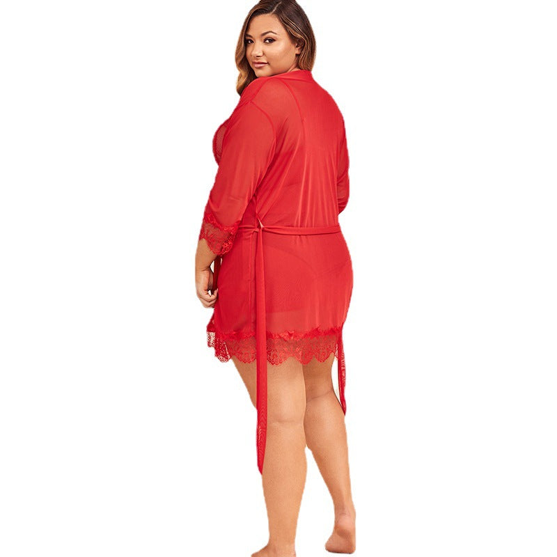 Plus Size Red Lace Transparent Pajamas Nightdress Set