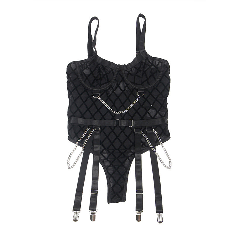 Plus Size Plaid Mesh Steel Ring Garter Suit