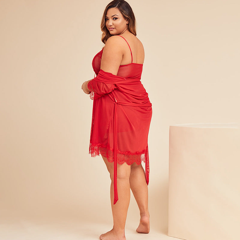 Plus Size Red Lace Transparent Pajamas Nightdress Set