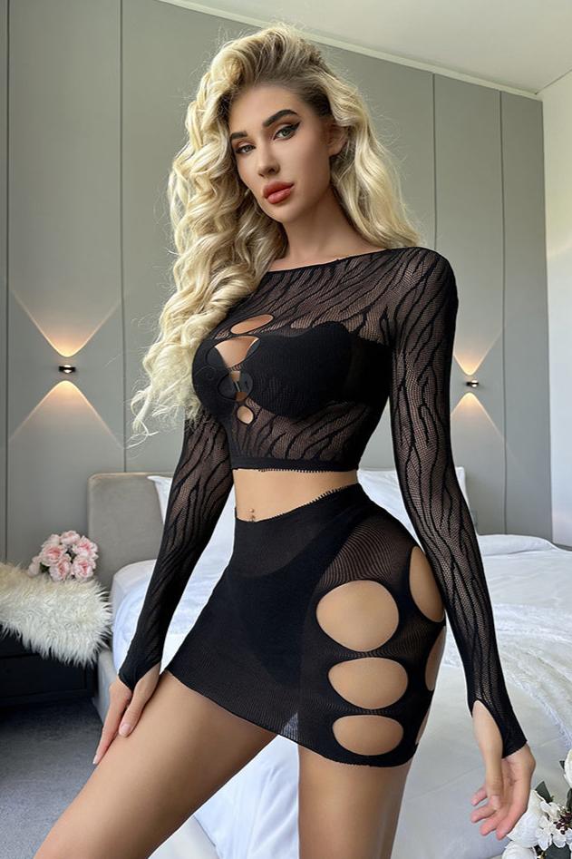 Black Stretchy Long Sleeve Cut-Out Skirt 2Pc Sexy Outfit Dress