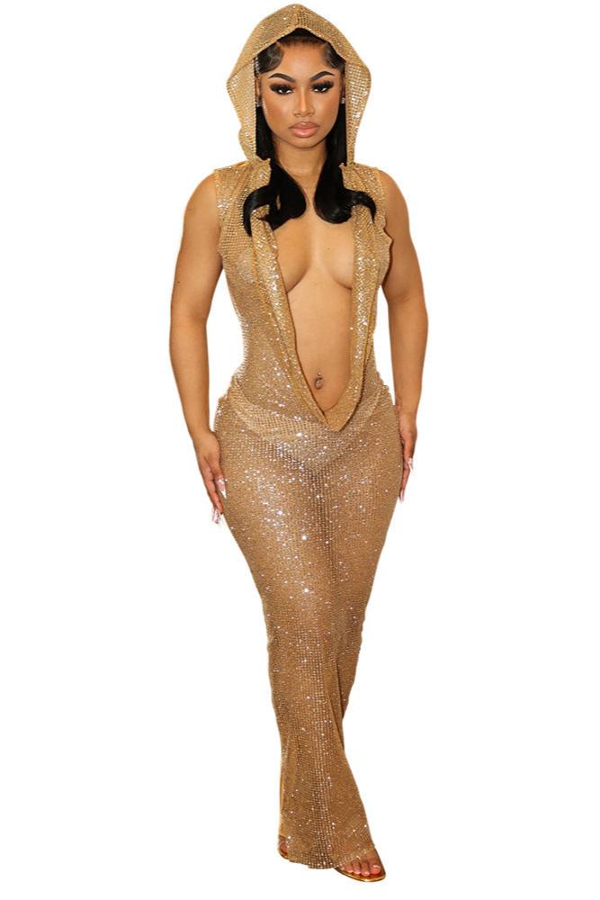 Gold Sequin Hooded Deep Plunging Neck Open back Sexy Full Length Party Dress