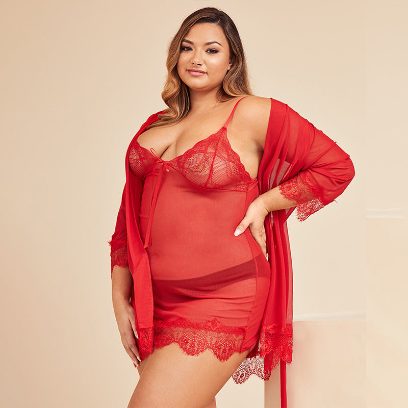 Plus Size Red Lace Transparent Pajamas Nightdress Set