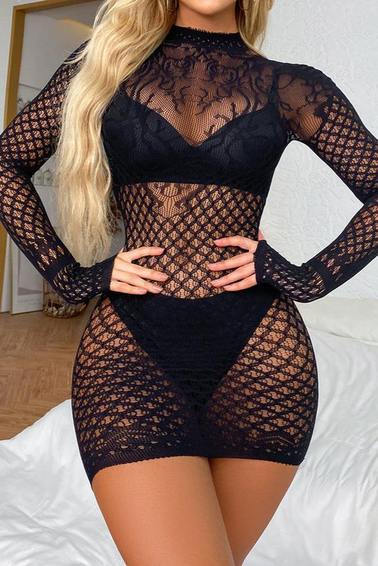 Black Pattern Stretchy Long Sleeve Open Back Sexy Dress